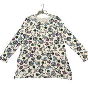 J. Jill Perfect Pima Crew Neck Long Sleeve Floral Tunic White Blue Red Women L